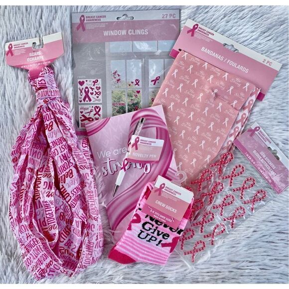 NWT 8 PC Breast Cancer Awareness Pen Socks Scarves Bandanna Set - Picture 1 of 9